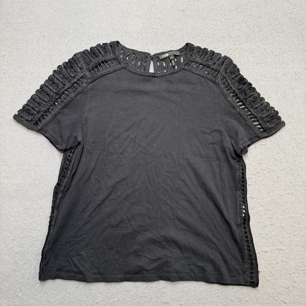 Maje Blouse Women's 3 Black Scoop Neck Short Sleeve Crochet Lace Trim Top Summer